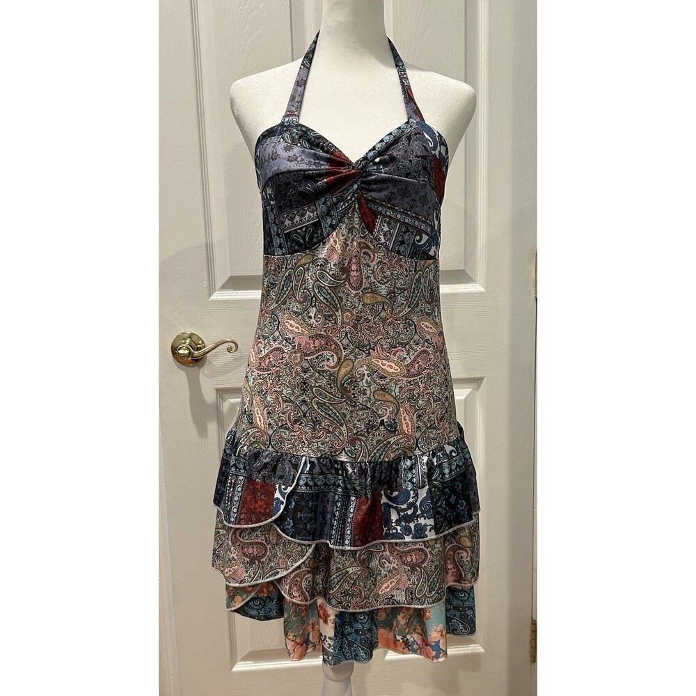 Joocy Babi Print Halter Dress Ruffled Bottom Size M